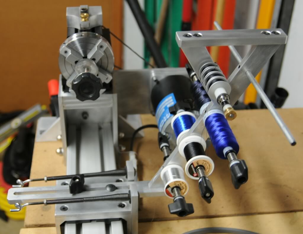 Custom rod wrapping setup with multi-color thread spools