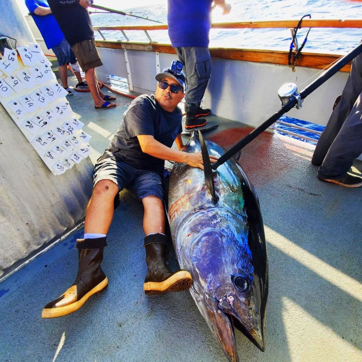 Deckhand laying with a cow bluefin near the tag board